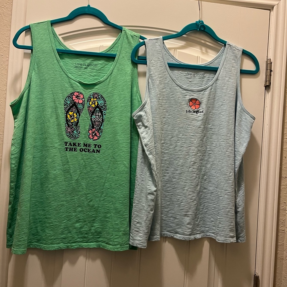 Life is Good Slub Tank Tops - Green and Light Blue